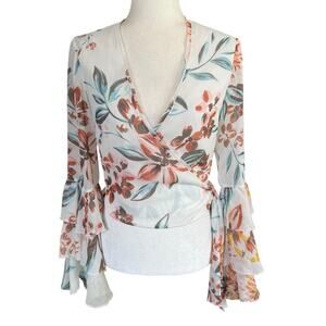 Tularosa Adriana Top Dahlia Floral Small Wrap Ruffle Sleeves Boho Whimsical